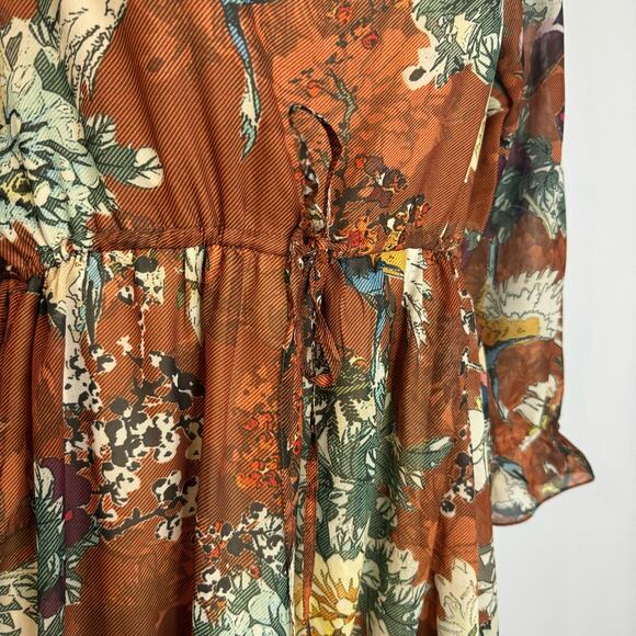 Anthropologie Hemant & Nandita Zeri Dress Brown Floral Tiered Ruffle Sleeve boho - Picture 7 of 15